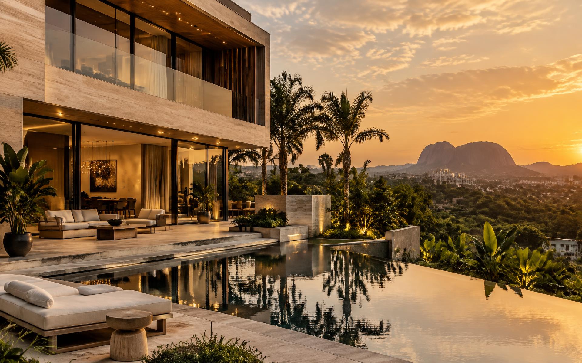An Abuja residence at dusk, with hills beyond